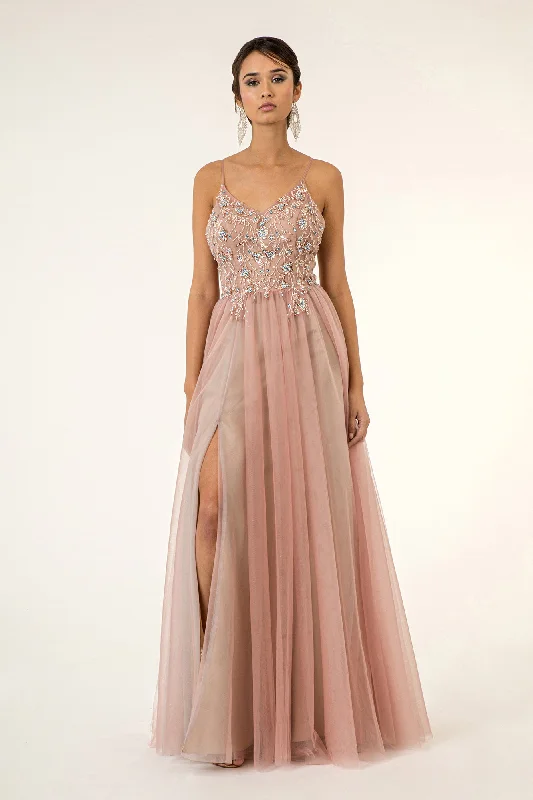 Beaded Sleeveless Slit Gown by Elizabeth K GL2983