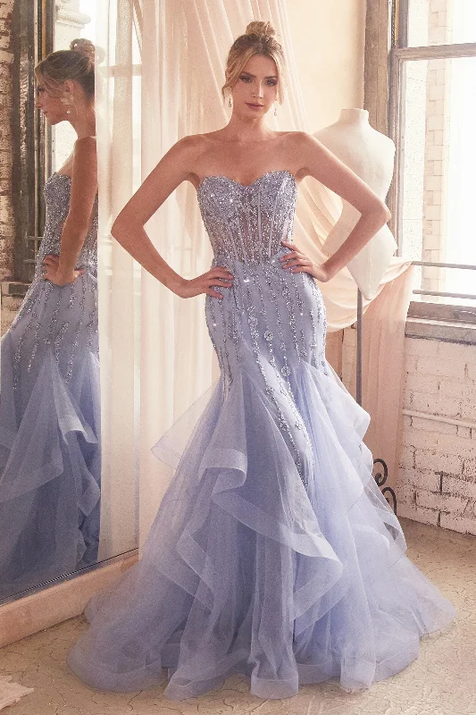 Beaded Strapless Tiered Mermaid Dress by Ladivine CD332