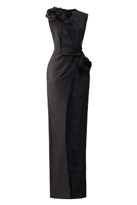 BLACK JACQUARD GOWN WITH DRAPED SATIN ROSES