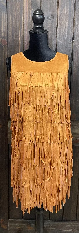 "Camel Fringe Suede" Sleeveless Dress