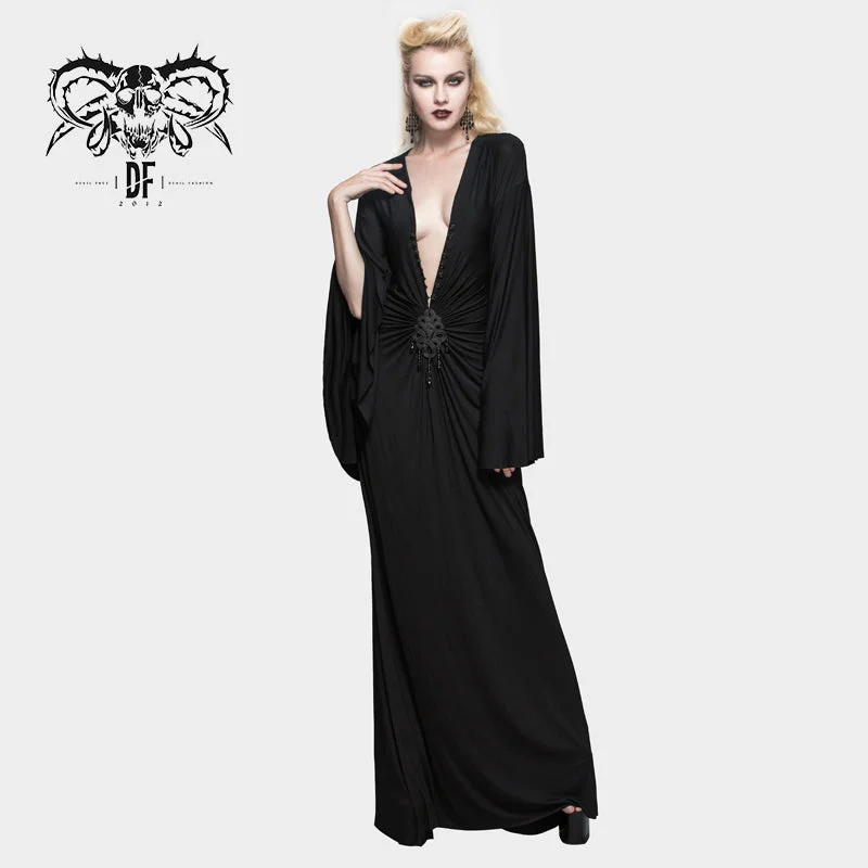 SKT040 chinese frog button sexy women bat sleeve deep V neck evening dress