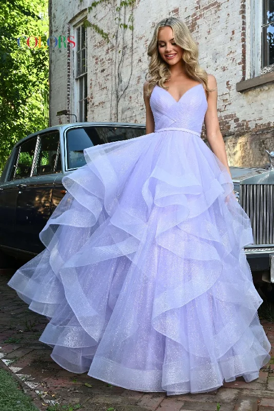 Colors Dress -2381 Ruffled V-Neck Glitter Ballgown