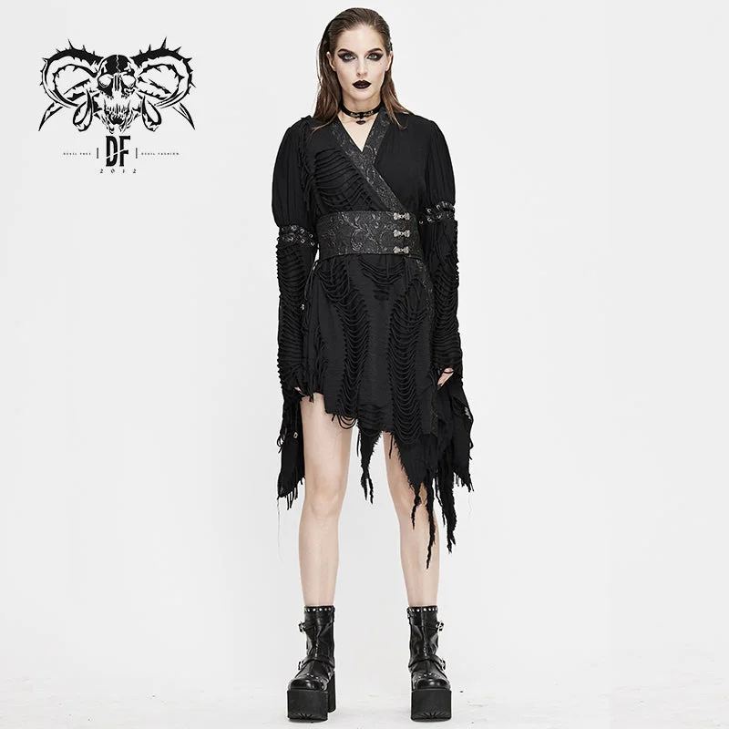 SKT106 Darkness Japanese style punk asymmetric mesh unedged women kimonos with belt