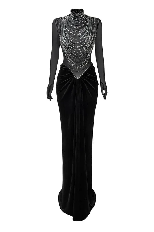 DAZZLING BLACK DRAPED BEADED GOWN