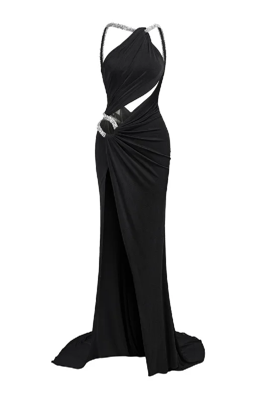 DORY BLACK ASYMMETRIC DRAPPED GOWN