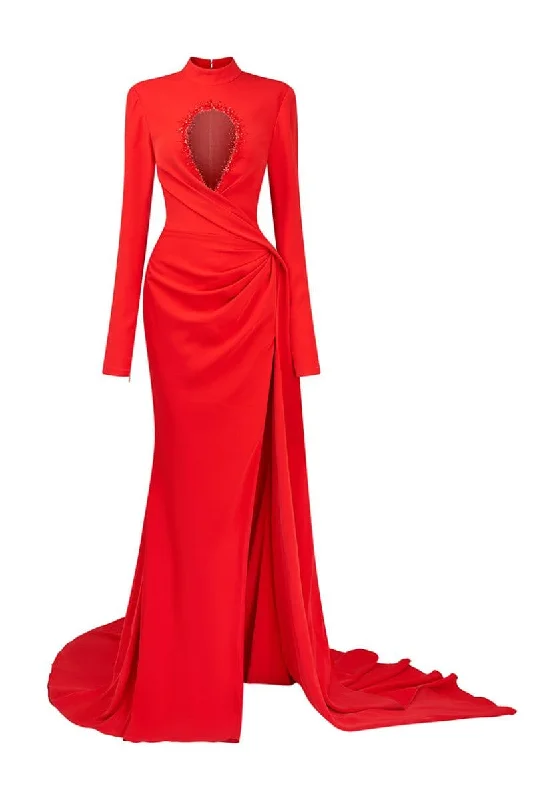 EUGEN RED SPLIT DRAPED GOWN