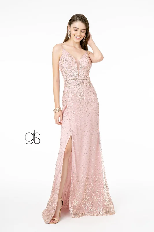 Fitted V-Neck Glitter Gown by Elizabeth K GL1844