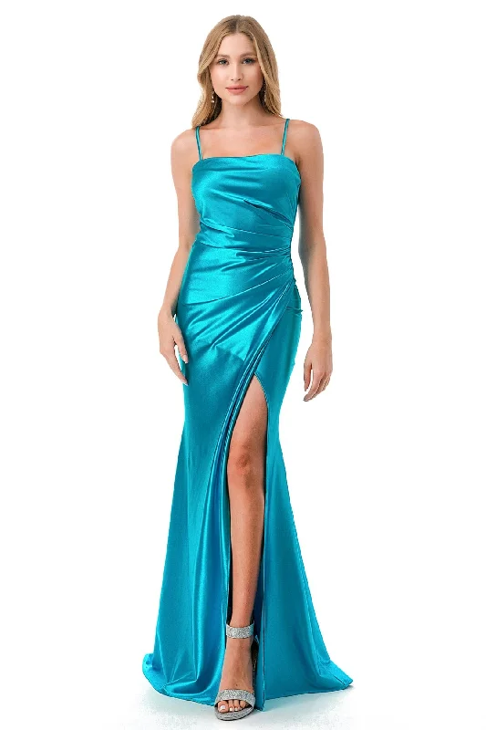 Fitted Sleeveless Satin Slit Gown by Coya D601