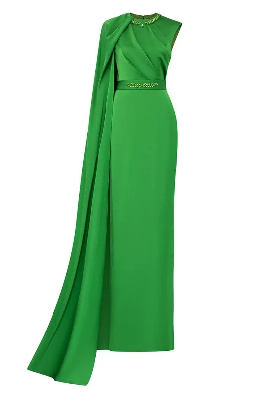 GREEN ONE-SHOULDER CAPE DRAPED SILK DRESS