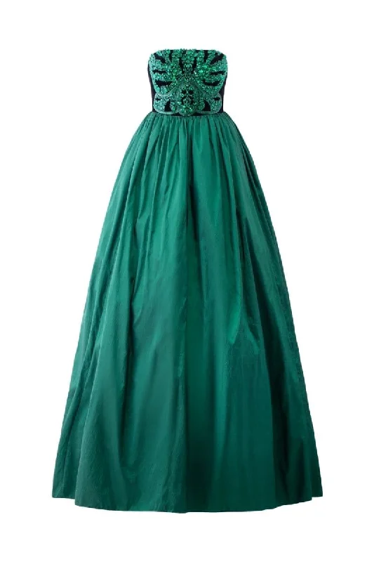 GREEN STRAPLESS STONE EMBELLISHED DRESS