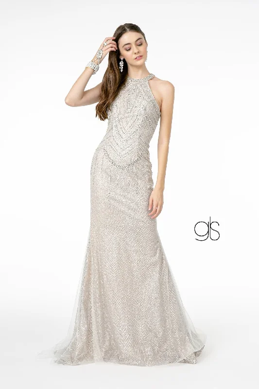 Jeweled High-Neck Glitter Trumpet Dress by Elizabeth K GL1841