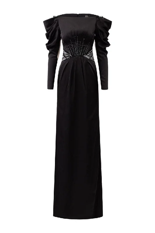 JULIANNA BLACK SILK SATIN DRAPED SLEEVES DRESS