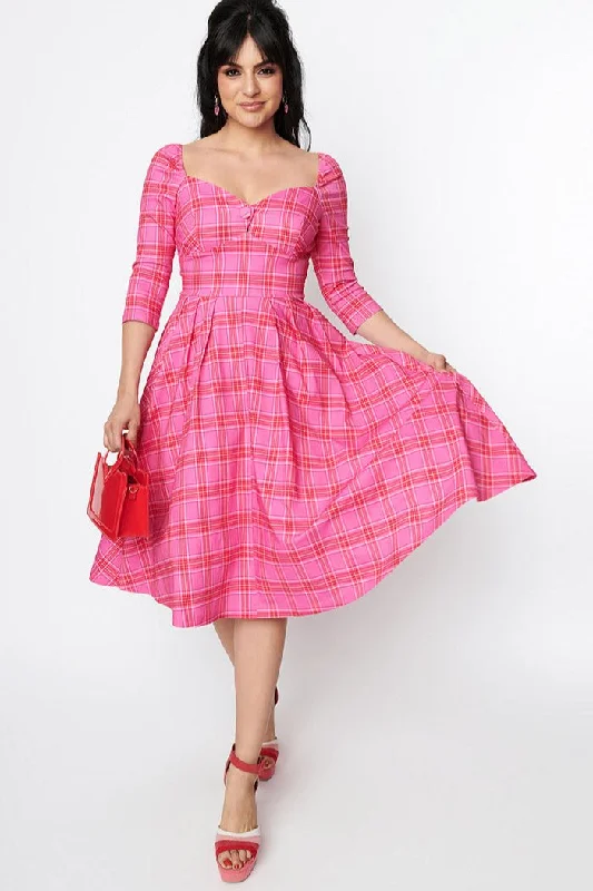 Lamar Swing Dress in Pink & Red Plaid by Unique Vintage