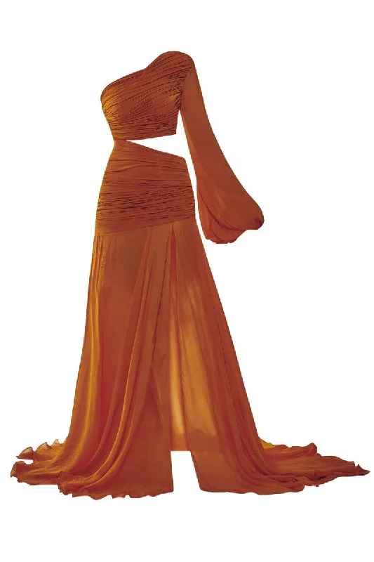 MARIELLE RUST ONE-SHOULDER RUCHED GOWN