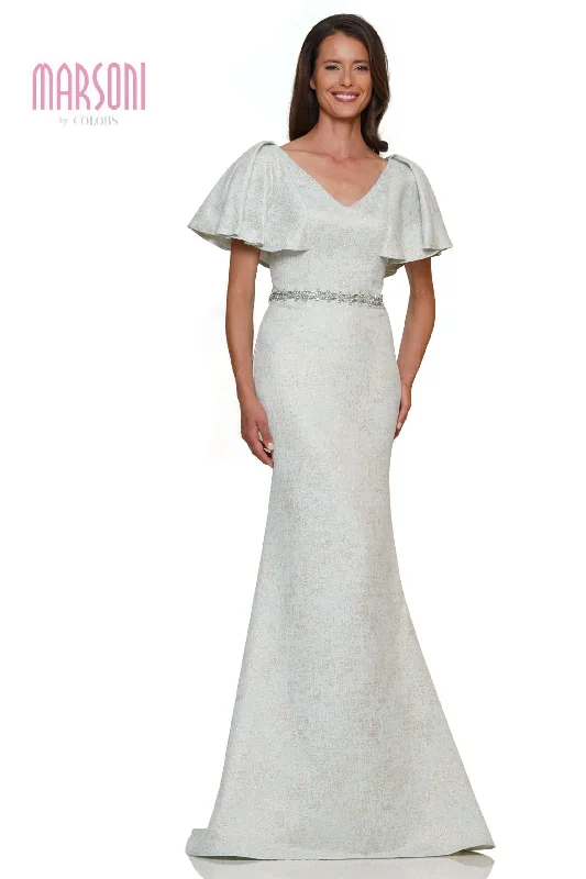 Marsoni by Colors -MV1268 Beaded Belt Ruffles Sleeves Trumpet Dress