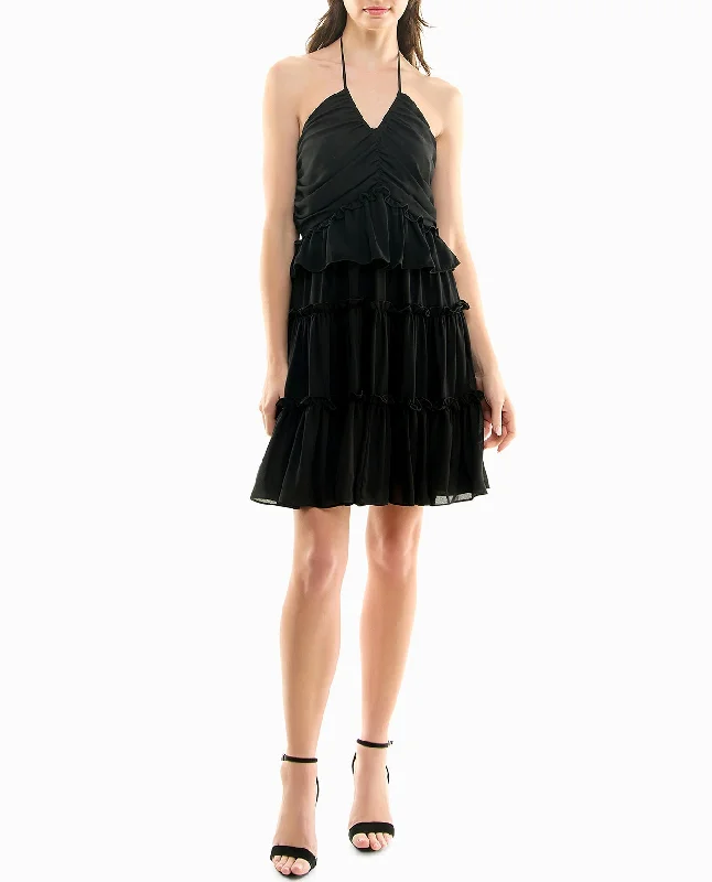 Nicole Miller Presley Chiffon Tiered Halter Dress