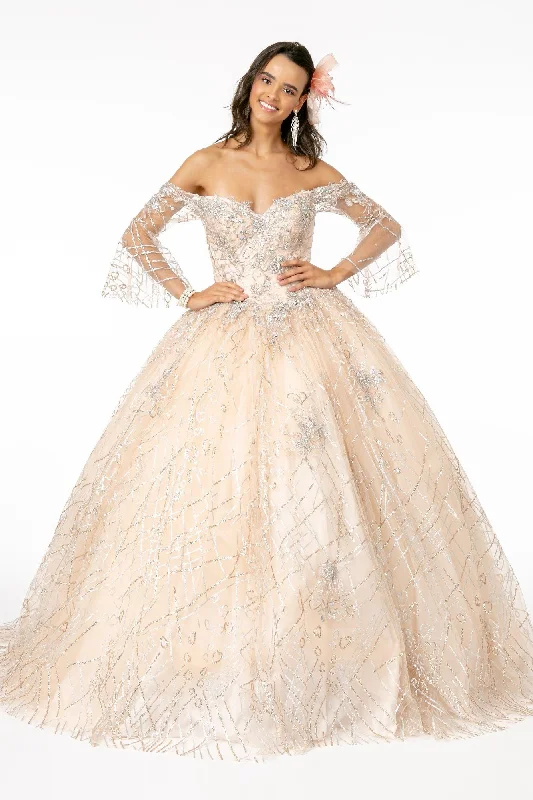 Off Shoulder Glitter Ball Gown with Bell Sleeves by Elizabeth K GL2911