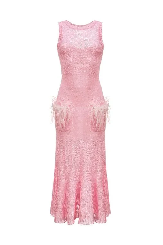 PINK FEATHER-TRIMMED KNIT DRESS