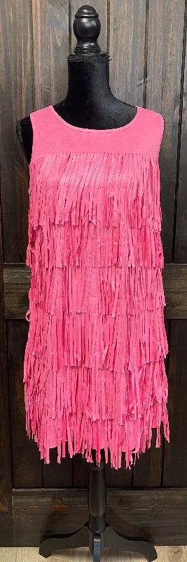 "Pink Fringe Suede" Sleeveless Dress