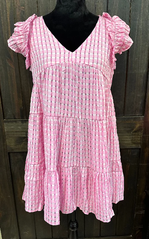 "Pink Plaid Gingham Flutter Sleeve" V-Neck Dress