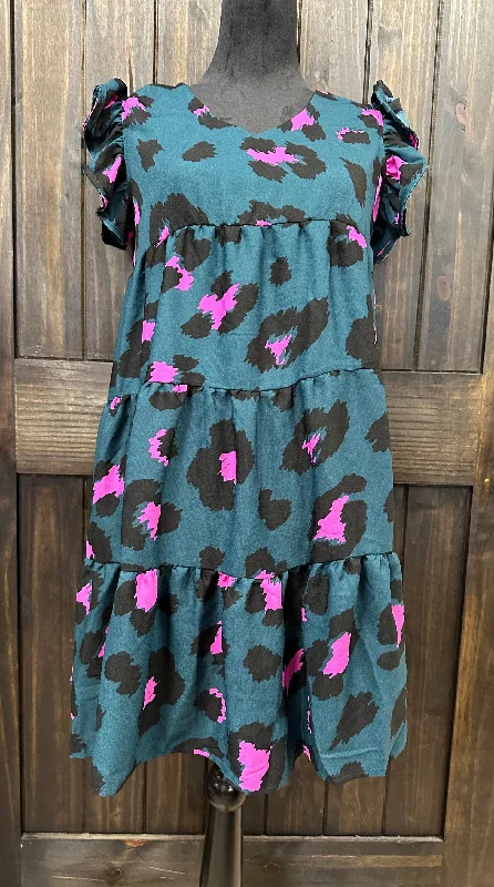 "Pink & Teal Leopard" Flutter Sleeve Dress