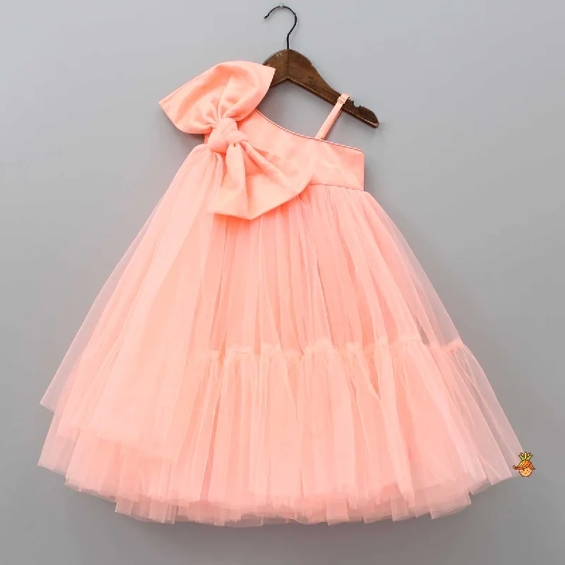 Pre Order: Bow Adorned Peach One Shoulder Gown