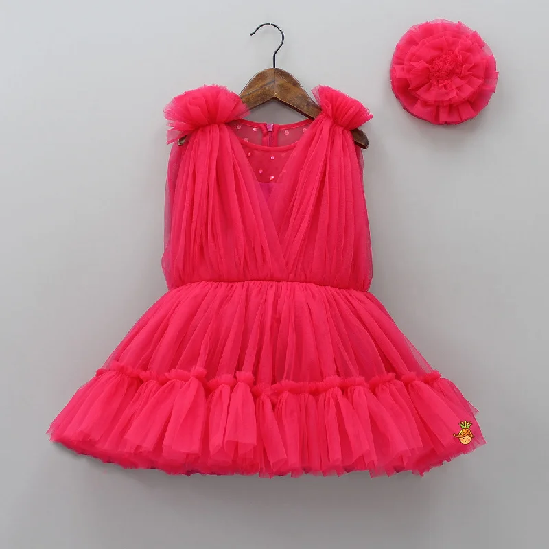 Pre Order: Enchanting Crimson Red Gathered Dress With Hair Clip