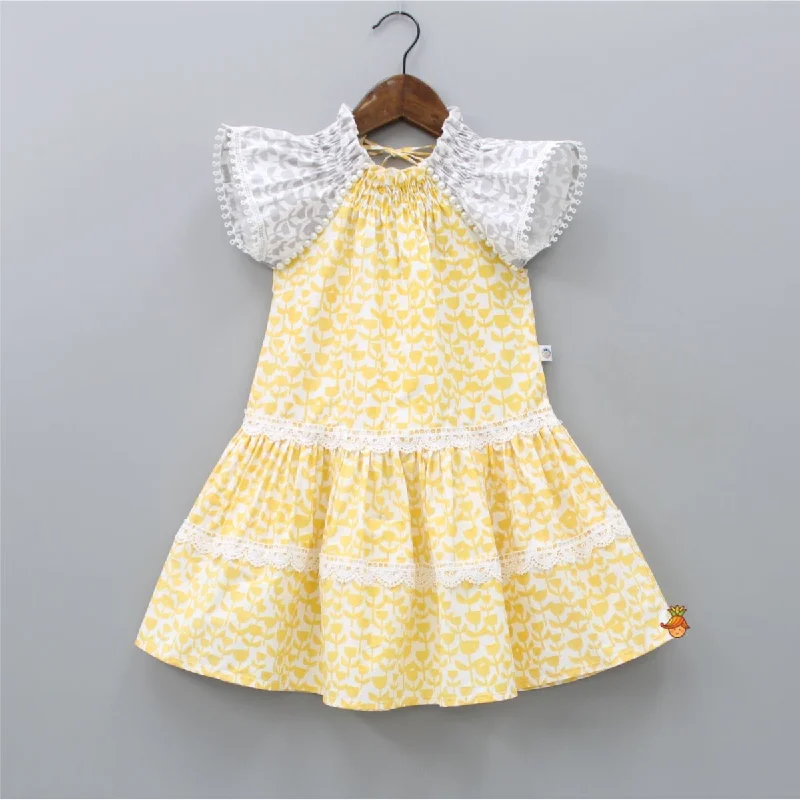 Pre Order: Flat Back Pearls Embellished Yellow And Grey High Neck Dress