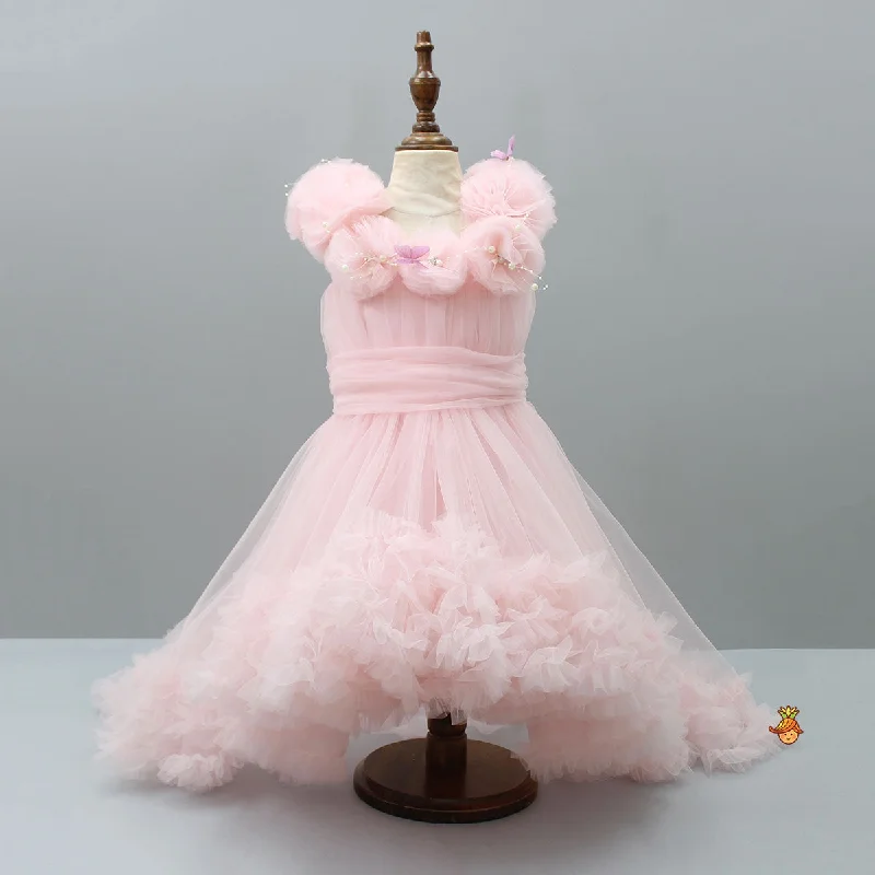 Pre Order: Pearls And Butterfly Embellished Ruffled Frilly High Low Dress