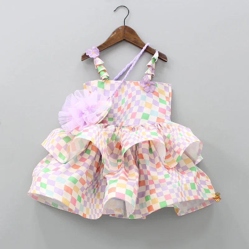 Pre Order: Multicolour Checks Layered Dress With Heart Shaped Sling Bag