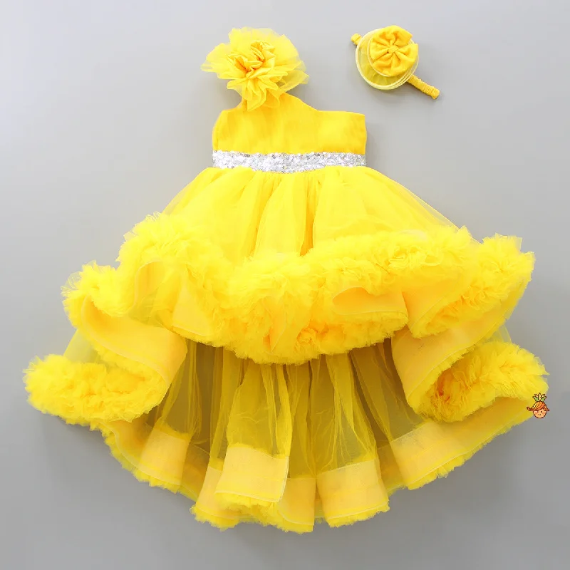 Pre Order: One Shoulder Ruffle Hem High Low Yellow Dress With Matching Head Band