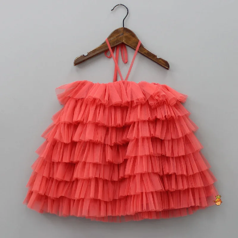 Pre Order: Peachish Pink Backless Net Ruffle Dress