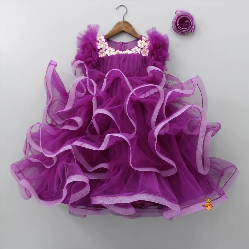 Pre Order: Pretty Purple Ruffled Layered Gown With Matching Hair Clip