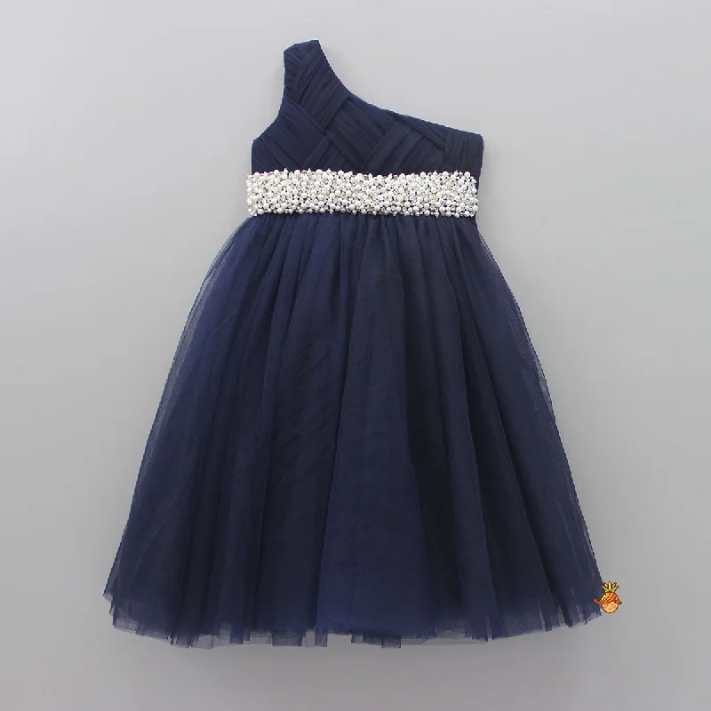 Pre Order: Stunning Pearls And White Stones Embellished Navy Blue Gown