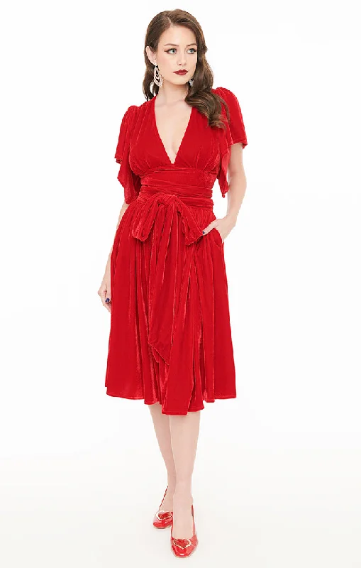 Red Velvet Flutter Sleeve Dress by Unique Vintage