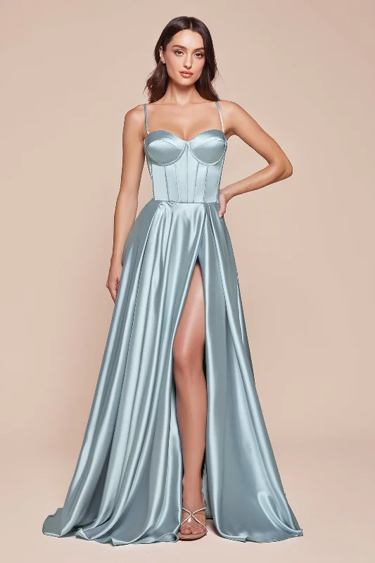 Satin Sleeveless Corset A-line Slit Gown by Ladivine CD337