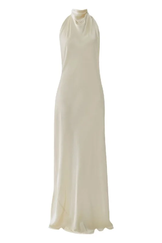 SHANNYN OFF WHITE HIGH-NECK SATIN GOWN