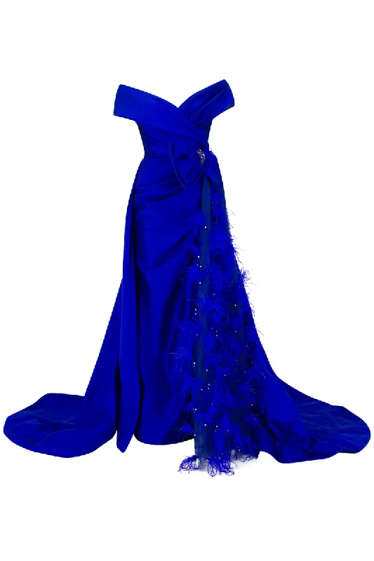 TAYLOR ROYAL BLUE FEATHER TRIMMED GOWN