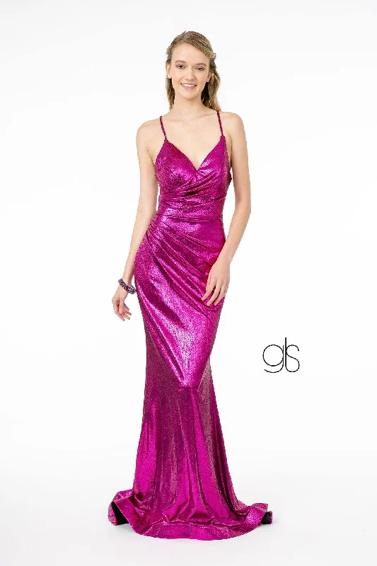 V-Neck Metallic Mermaid Gown with Corset Back by Elizabeth K GL2943