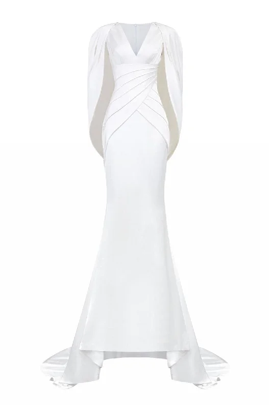 V-NECK MULLET GOWN WITH PLEATED CAPE