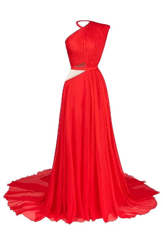 VENUS RED ASYMMETRIC SPLIT GOWN