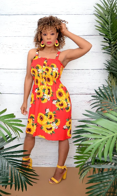 Women’s Cute Sleeveless Red Dress With Sunflowers