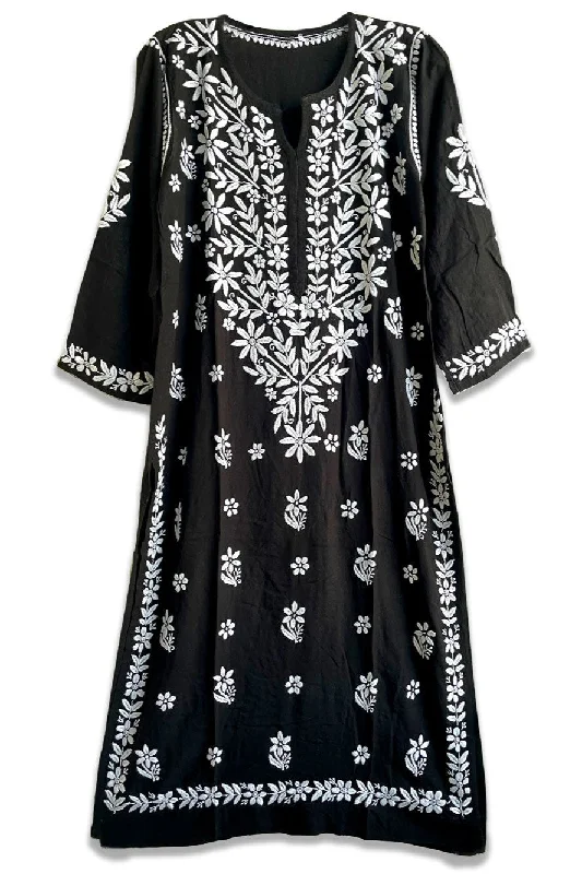 Black Rayon Cotton Kurta Lucknowi Hand Embroidered