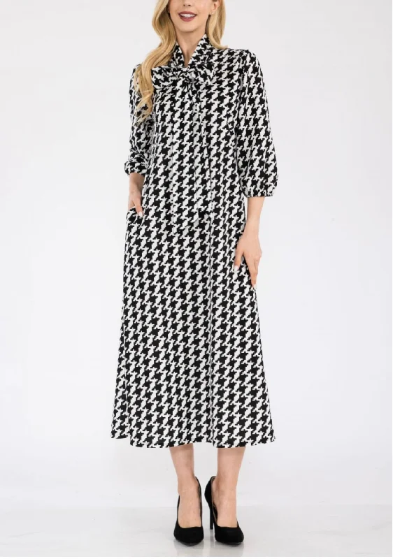 Women's Modest Black & White Houndstooth Dress with front Bow Tie