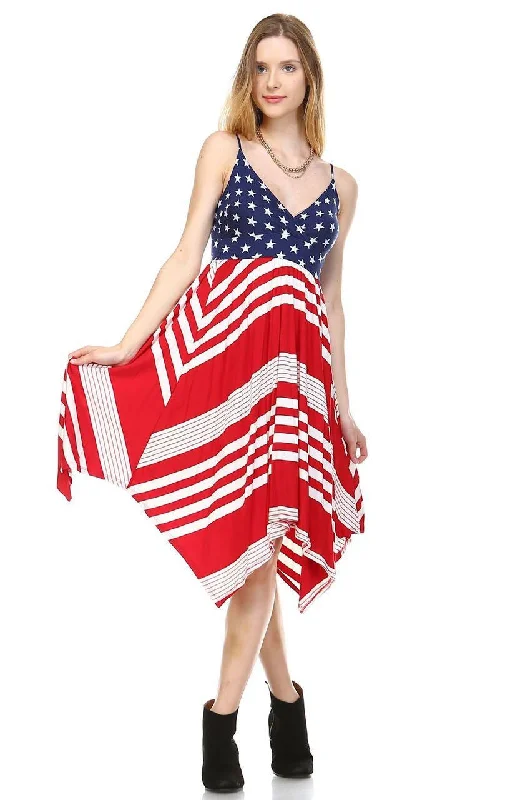 Spaghetti V-Neck Navy Star Handkerchief Dress with Red Stripes