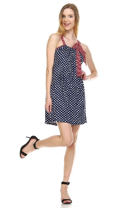 Navy Polka Dot Tunic Dress with Red Stripe Shoulder Bow