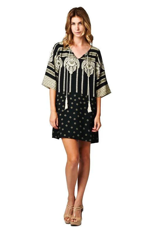 Black Ivory Aztec Tribal Tunic Dress with Tassels