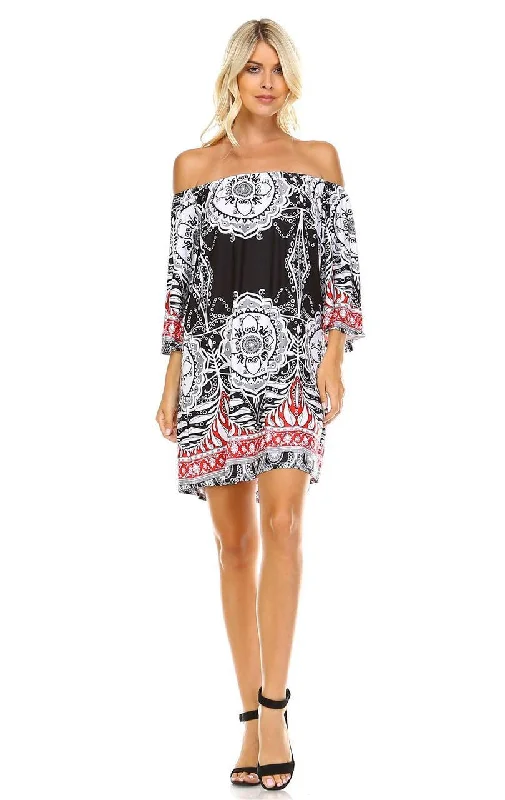 Off Shoulder Tunic Dress Black Red Tropical Paisley