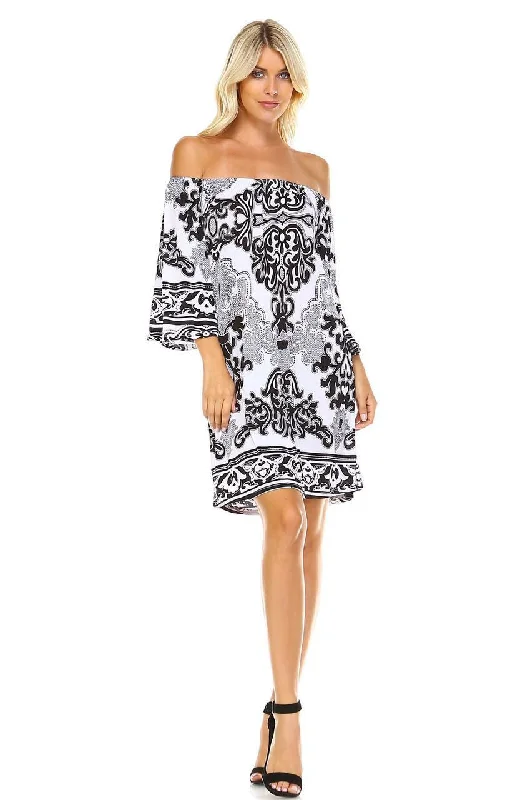 Off Shoulder Tunic Dress Black White Paisley