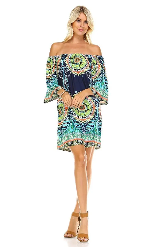 Off Shoulder Tunic Dress Navy Blue Tropical Paisley